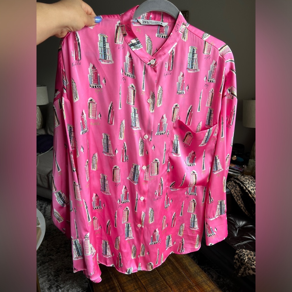 Zara Collarless Satin Shirt - image 1